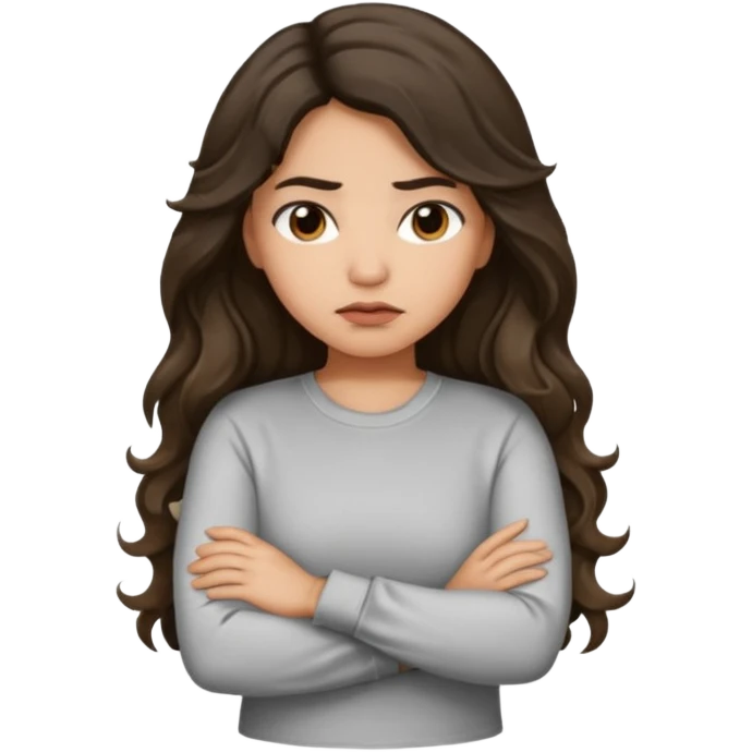 Hispanic light tan girl with long dark wavy hair pouting and arms crossed. Wearing a long sleeve. Hair with middle part. emoji