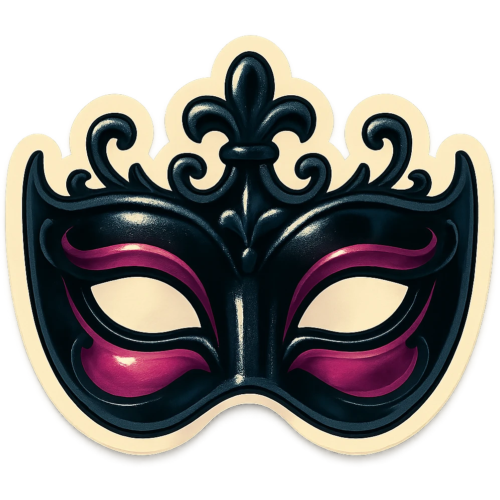 gothic masquerade mask, black and pink, ornate, retro stickers style emoji