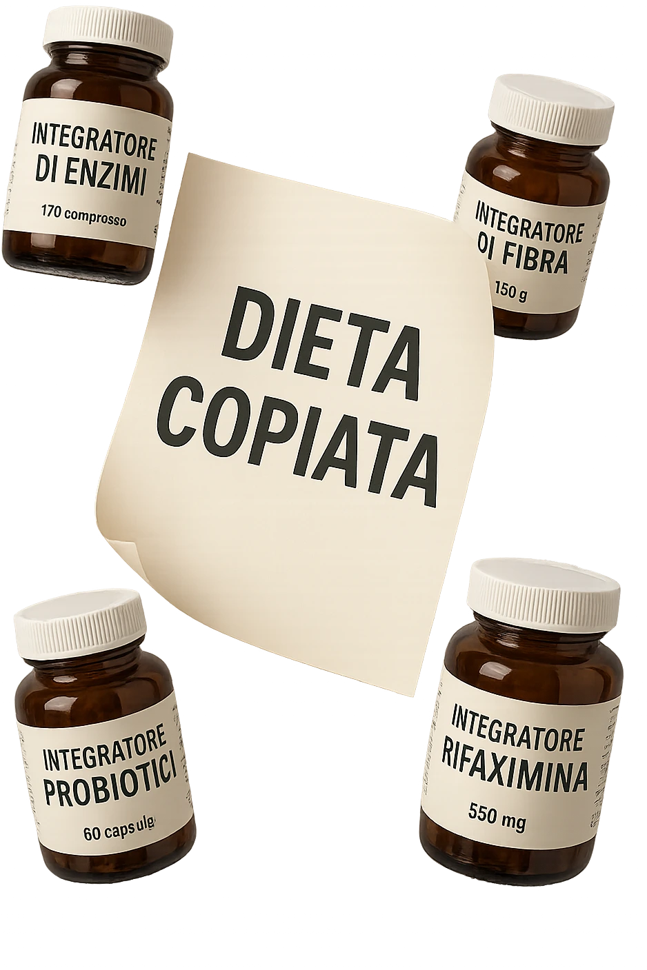 FOGLIO DI CARTA FLUTTUA IN ARIA CON LA SCRITTA "DIETA COPIATA", INSIEME A BARATTOLI DI INTEGRATORI PER CURARE IL SIBO IN ITALIANO, IPERREALISTICO 4K, NON DISEGNATO emoji