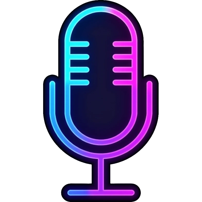 desktop studio microphone with neon glow effect, blue and purple neon glow on top left, pink neon glow on bottom right emoji