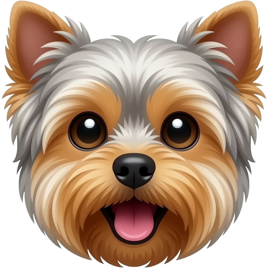 Silver and tan yorkie face mouth open bright eyes ears down emoji