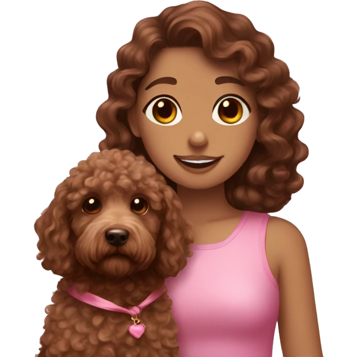 aesthetic pink girl with curly brown hair, a bow in her hair & a cute brown labradoodle  emoji