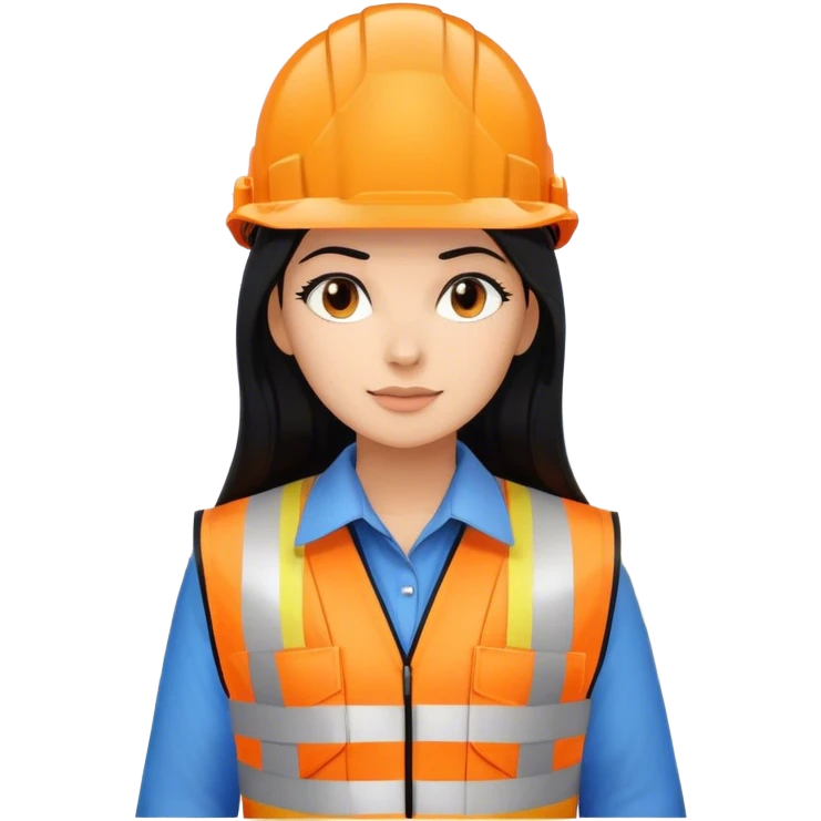 Female civil engineer with long black hair and white helmet wearing blue shirt and an orange safety vest looking at construction plan  emoji
