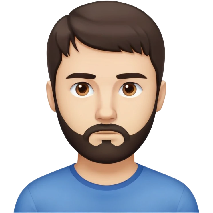 Caucasian man with straight dark brown hair styled loose with fringe, short full beard, neutral serious expression, simple blue shirt emoji