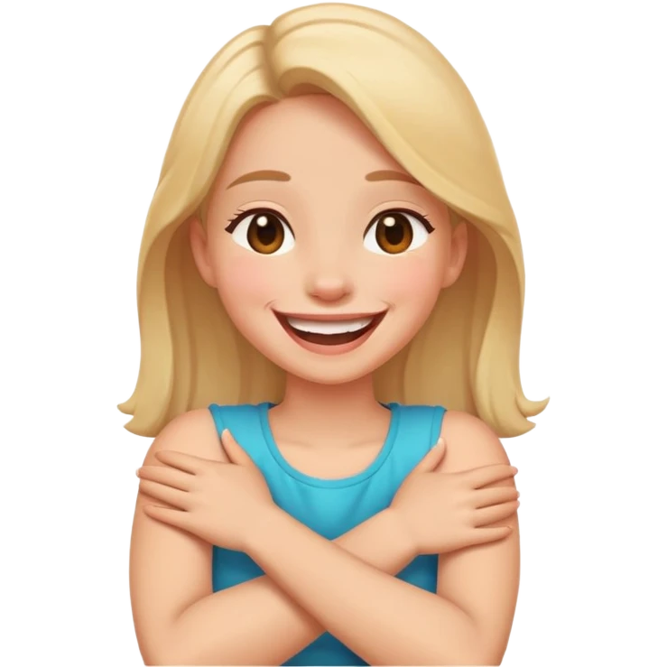 Girl laughing with arms crossed around neck emoji