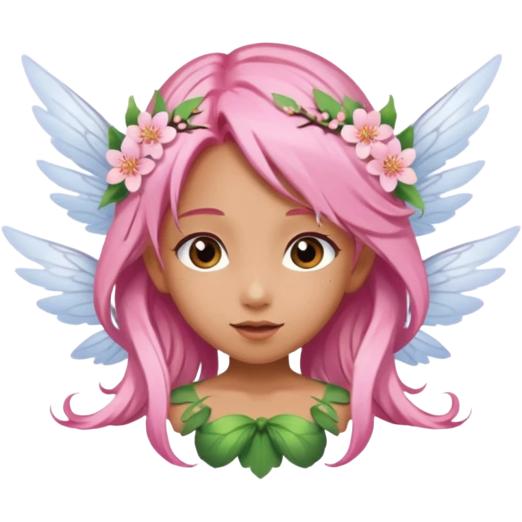 A flower fairy girl with long, light cherry blossom pink hair, wings, and a flying posture. emoji