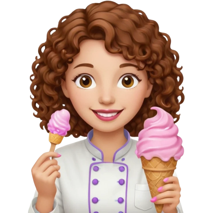 woman brown curly hair, chef, eating pink ice cream emoji