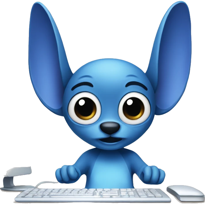 A blue stitch with big ears working on a computer emoji