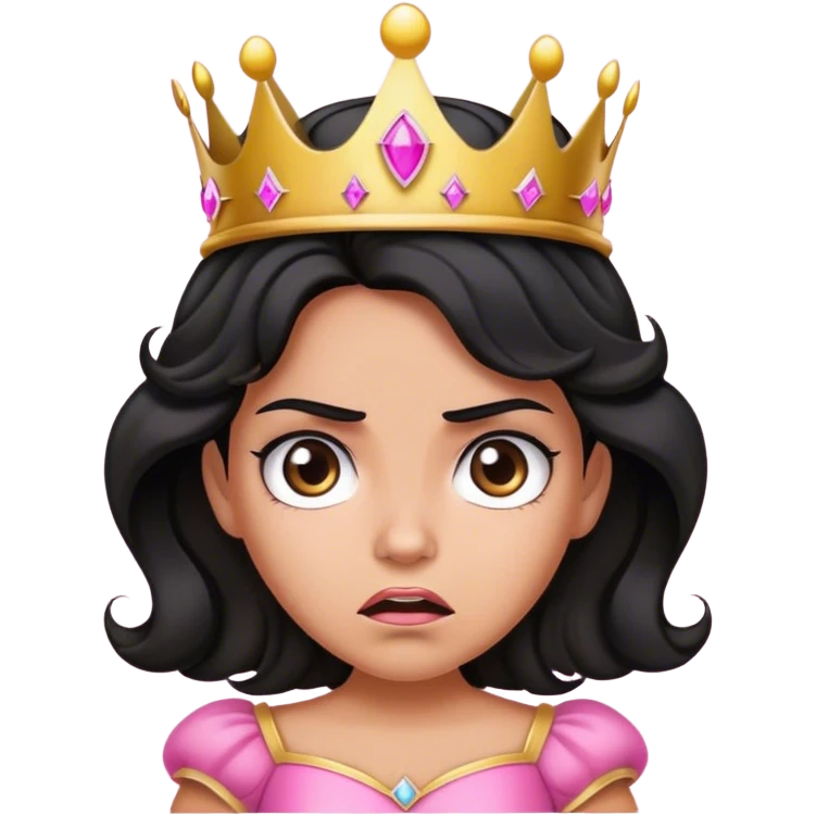 Very tanned princess, with black wavy hair and a crown, a pink princess Outfit But angry emoji