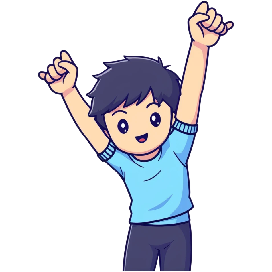 Black-haired male idol with arms up in the air, energetic performance pose, K-pop style emoji