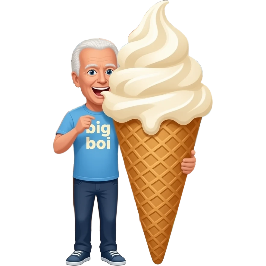 meme format of joe biden outside an apartment building eating an ice cream cone the size of his body and his shirt says "big boi" emoji