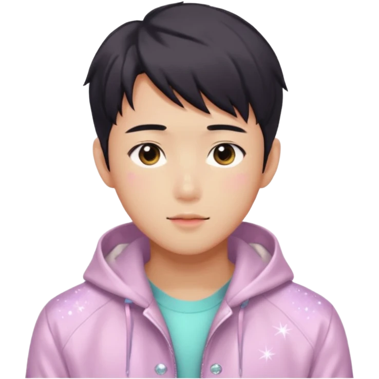 Gorgeous bright sparkly romantic Asian anime pastel guy with blushing face aesthetic trending style outside emoji