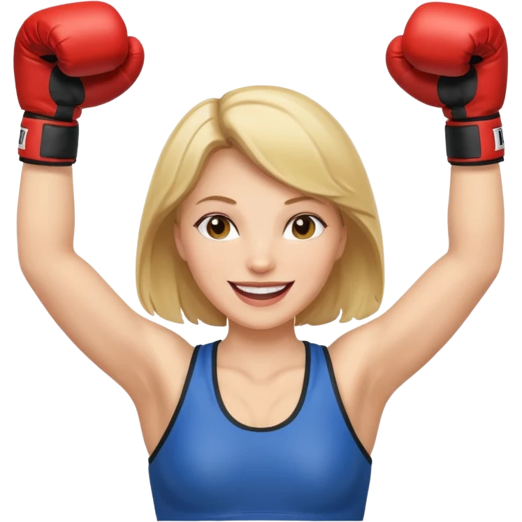 white woman emoji with boxing gloves, celebrating with arms raised emoji