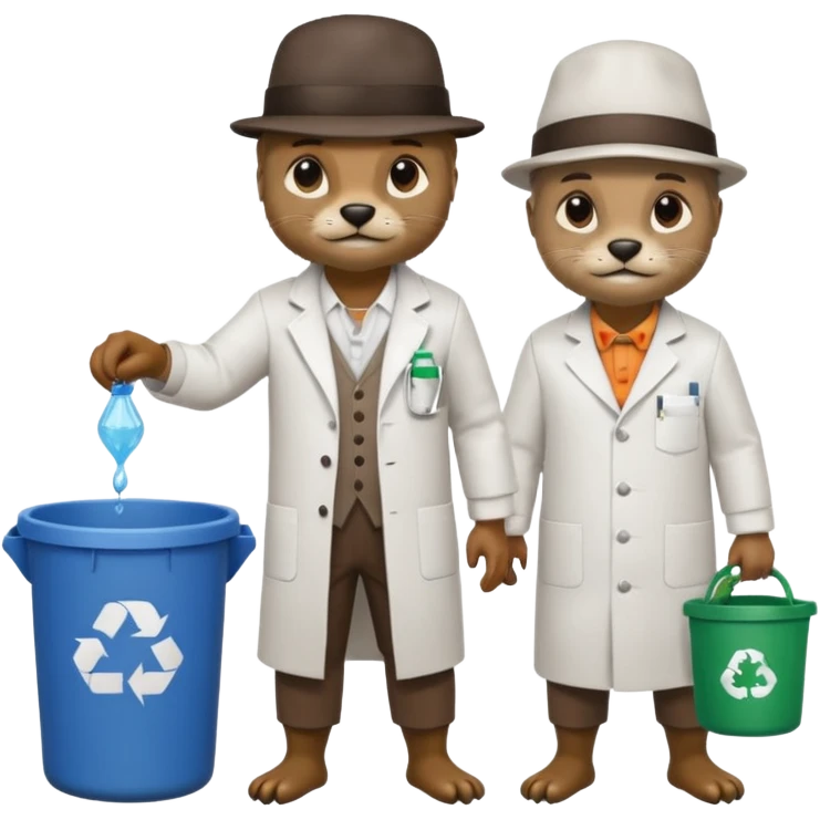 an otter disguised as a man picking up trash bins, next to a mad scientist emoji