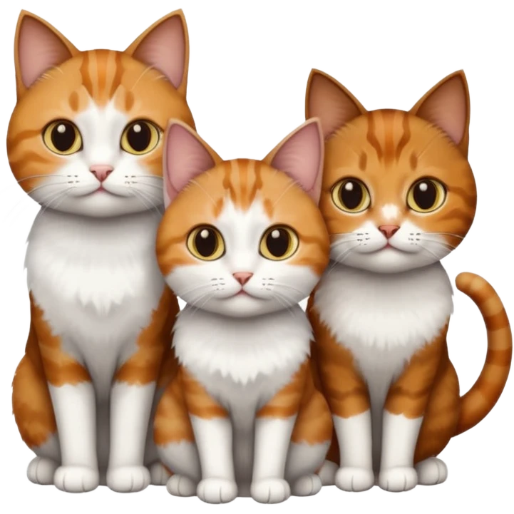 3 different coloured short haired cats including; a dark brown tabby and white cat, and a dark grey and white and a ginger and white emoji