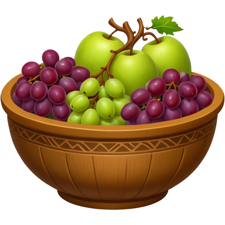 medieval fruit bowl object icon, grapes apples pears, clay bowl, warm rustic look, 3D cartoon, mobile game icon style, clean background, no text, no watermark
 emoji