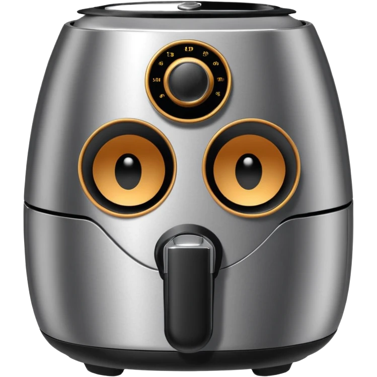 An air fryer with the knobs and handles made to look it's eyes, nose and mouth, hysterically crying with laughter emoji
