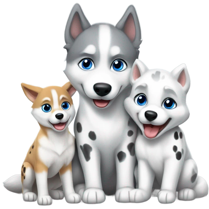 soft sun light, one white and grey baby  syberian husky, one big adult fox, one baby dalmatian white eyes and black ears, playing together, no background, high resolution, very detailed, realistic, amazing emoji