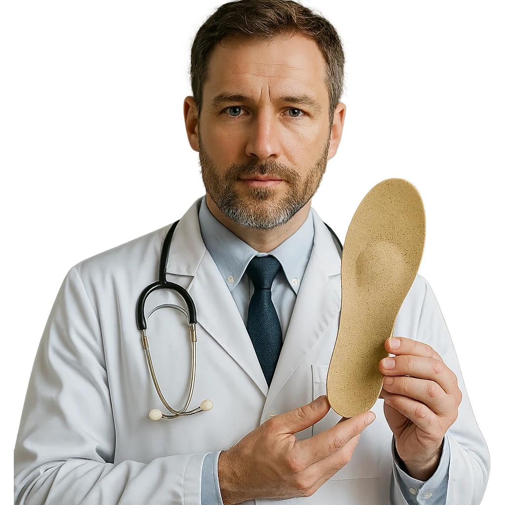 realistic orthopedic doctor holding an orthopedic insole, natural light, detailed face emoji
