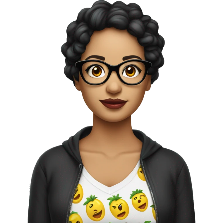 Mujer morena cabello negro con lentes y maquillaje con camiseta emoji