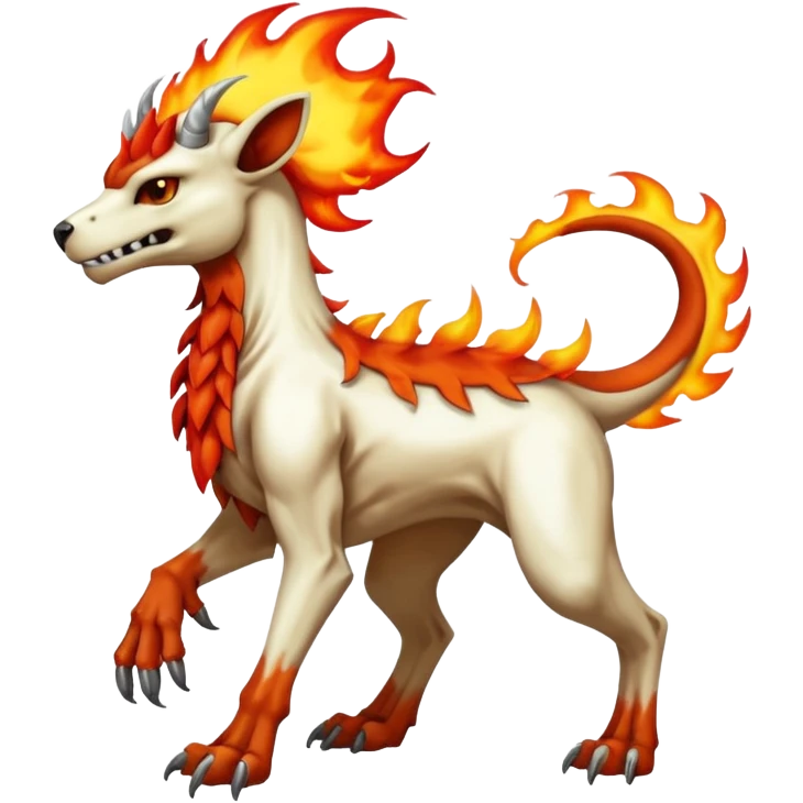Badass white skeletal cool shiny Houndoom-Charmeleon-Fakémon-hybrid-creature (full body)  with flamey Mohawk  emoji
