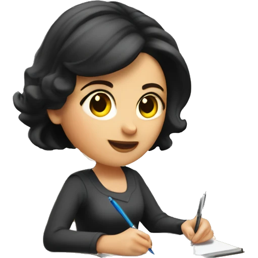 white skin mom with short dark hair writing  a notebook on a wooden desk  emoji