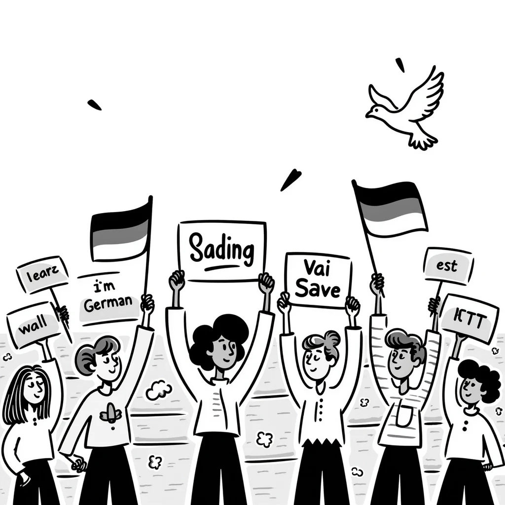 protesting people with signs featuring slogans, the Berlin Wall, peace dove, East and West Germany flags, 1950s and 60s emoji