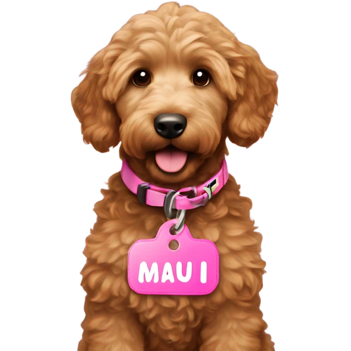 Mini brown female golden doodle with pink tag that says Maui  emoji