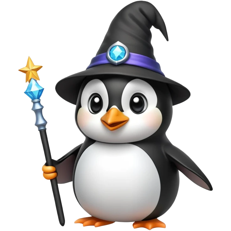 penguin wearing a wizard hat and holding a magic wand emoji