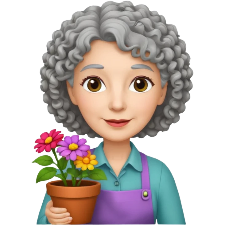 Older female florist – curly hair, hold flower pot emoji