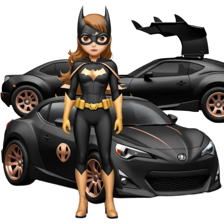Relaxed adult Batgirl’s full reality crime fighting themed Satin black and rosegold painted Scion FR-S pursuit vehicle hot rod off road capable  emoji