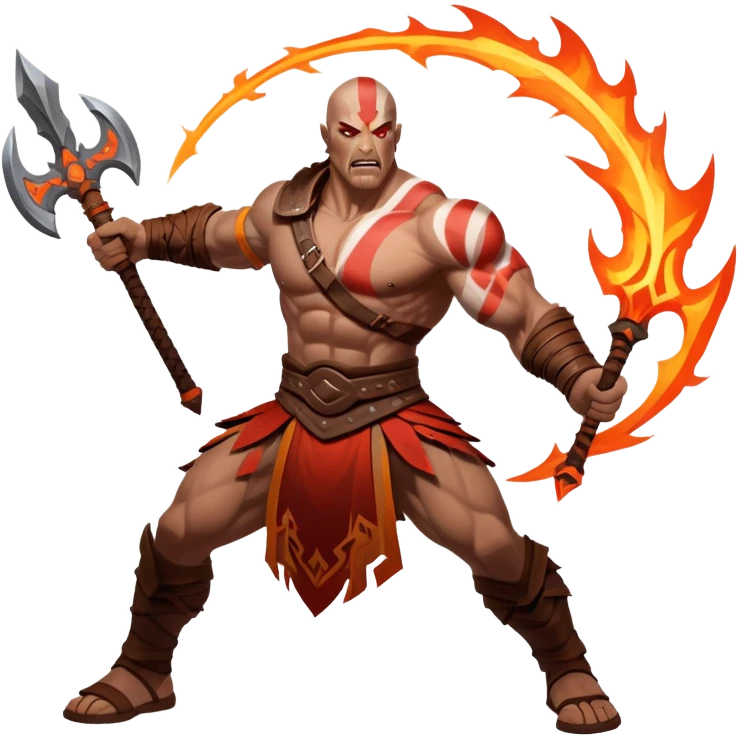 An icon showing a powerful warrior wielding a weapon, ready for battle, inspired by God of War: Ragnarok. The design captures the strength and determination of the character, with dynamic motion lines and a fiery, epic background. Transparent background highlights the action emoji
