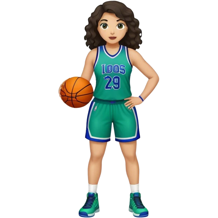 full body plus size light skin latino women basketball player with wavy dark hair wearing blue and green uniform emoji