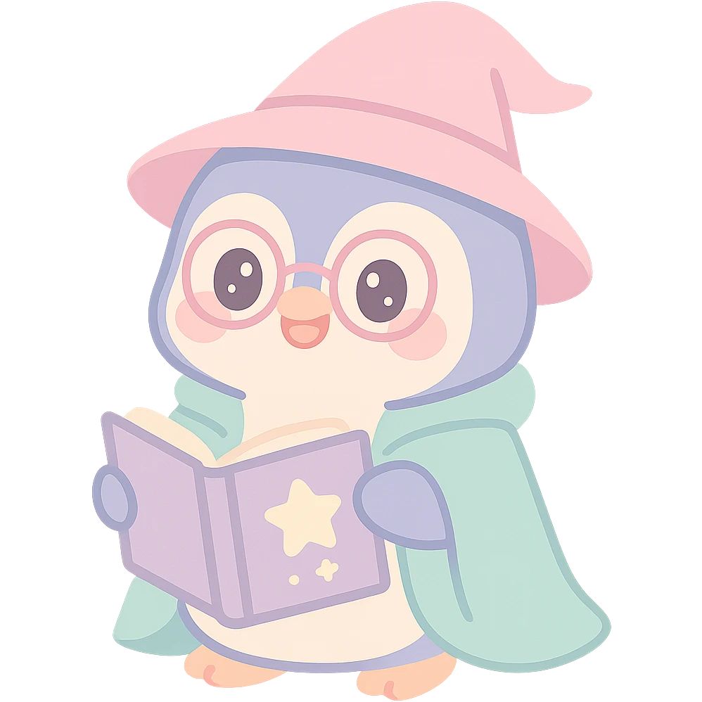 penguin wizard with a book of spells, glasses, mystical, charming emoji
