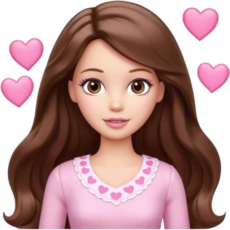 Barbie girl and  makeup , brown long straight wavy hair and brown eyes is In pale pink clothes There are pink hearts all around emoji