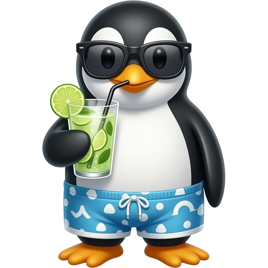 Penguin wearing sunglasses, swim shorts, and sipping a mojito emoji