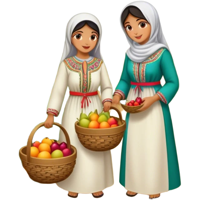 A nostalgic and culturally rich scene of Palestinian women dressed in traditional embroidered thobes harvesting fruit in an orchard. Their vibrant and intricately designed dresses reflect deep heritage, while their coordinated efforts—picking, sorting, and collecting fruit in a woven basket emoji