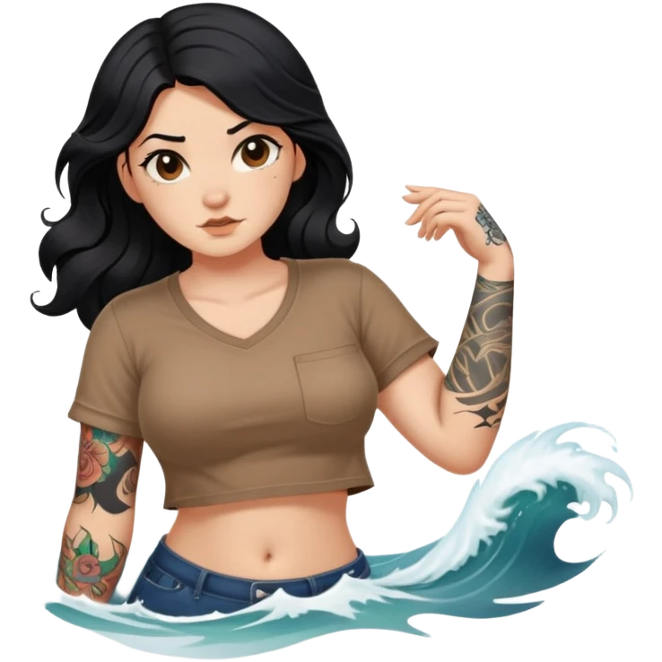 A girl with fair skin and a little fat - long black hair with big waves - tattoos on her arms - wearing a brown navel-revealing short-sleeved shirt emoji