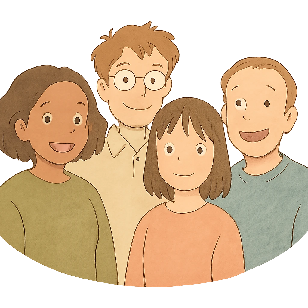 ghibli style group logo with soft colors and friendly group of people emoji
