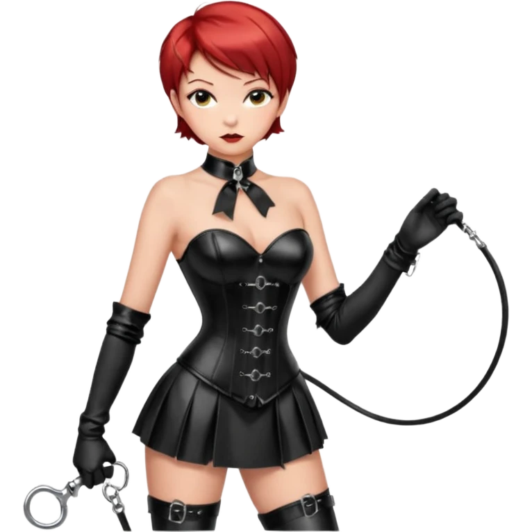 mistress, ragazza dominante, capelli rossi corti, sguardo serio, corsetto in pelle nero lucido, minigonna in latex, frusta in mano, guanti lunghi neri, calze autoreggenti nere, tacchi alti, ragazzo con collare e guinzaglio in mano alla ragazza emoji