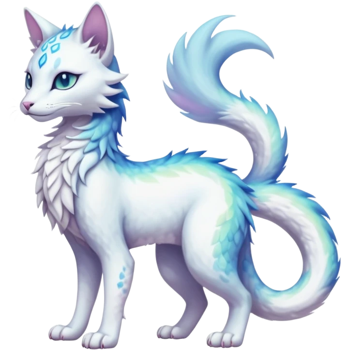 Kawaii white pastel iridescent beautiful pretty elegant divine edgy fantasy feline-vernid-sergal-fursona animal creature with a tufted tail full body with intricate markings  emoji