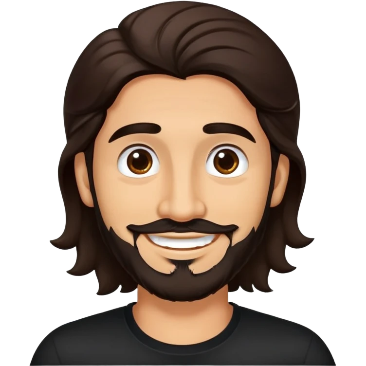 Hombre latino piel canela, cara redonda-ancha, scruff sin barba completa, cejas gruesas, pelo oscuro ondulado flat largo hasta el cuello. Sonrisa amplia, expresión alegre. Camisa negra. Size large.  emoji