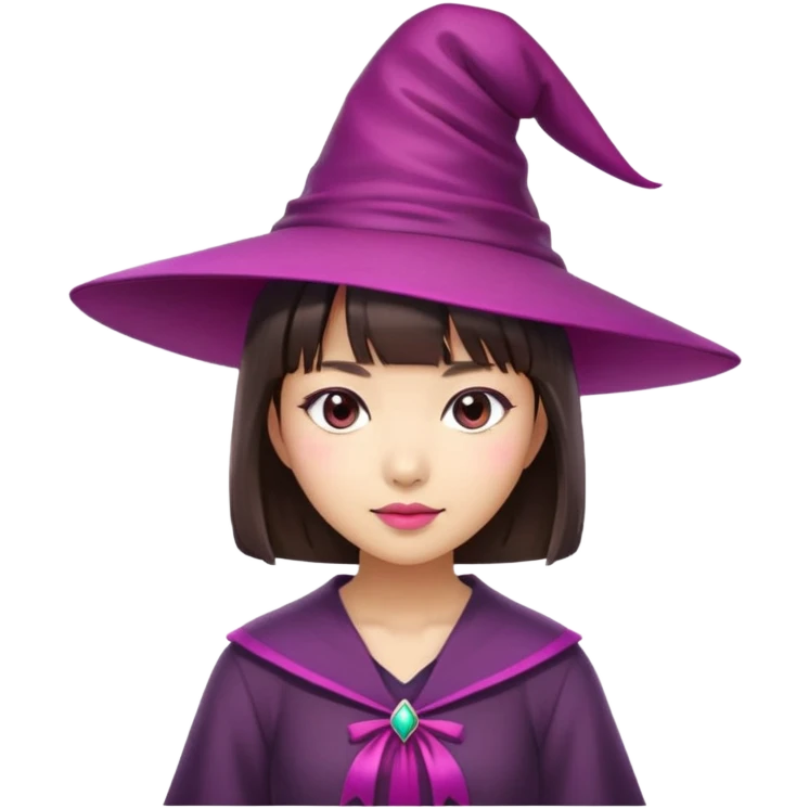 Naked woman, asian woman, naked asian woman, brunette, brunette hair, short hair, with bangs, short hair with bangs, witch hat on top of head, magenta witch hat emoji