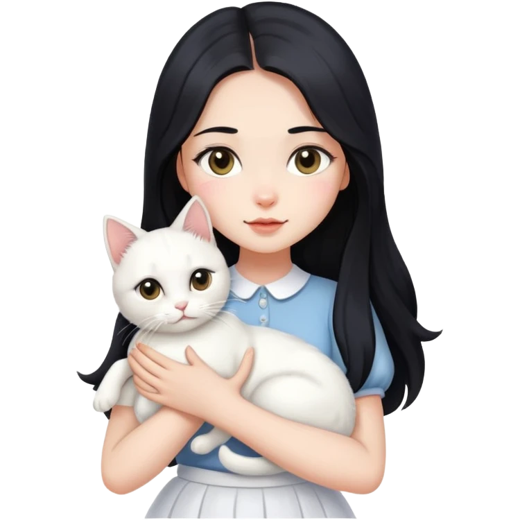 A beautiful girl with long black hair wearing a white skirt holds a cute white cat in her arms emoji