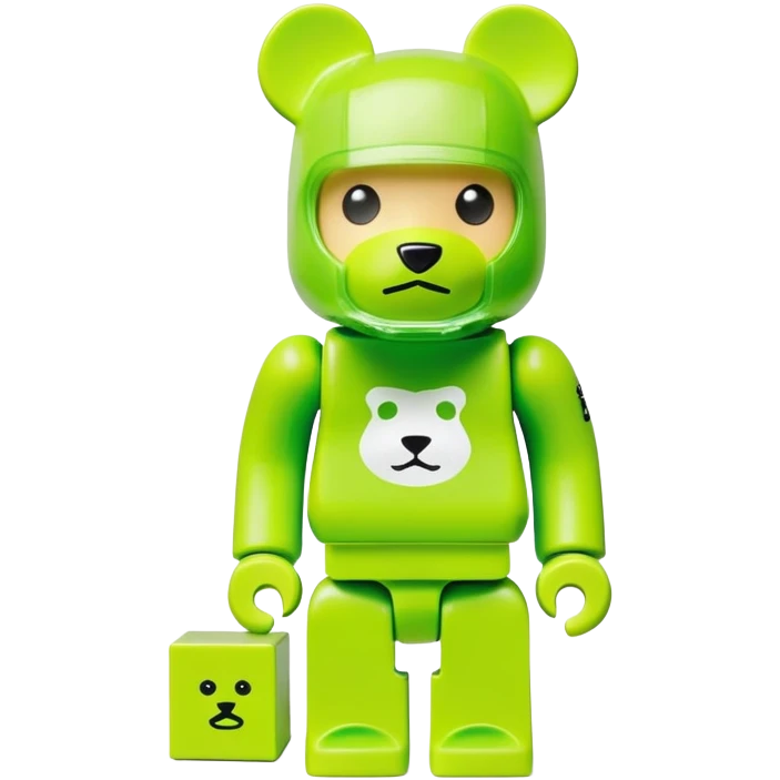 geometric bearbrick figurine with cube-shaped head, lime green balaclava with Supreme box logo on it, expressive eyebrows visible, toy design emoji