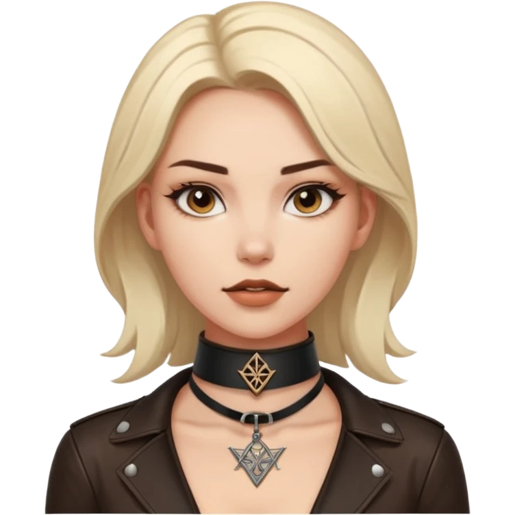 Leather choker with sigil around woman’s neck, pulse visible, dominance tone emoji