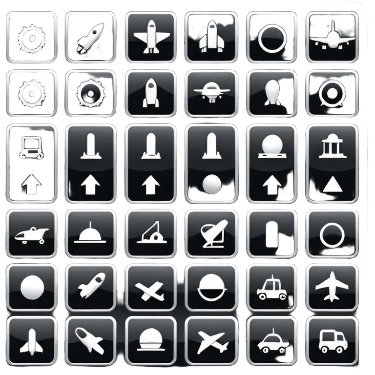square minimal icons, space semiotic, black print on white background, square outline icons, minimalist symbols, transportation, economy, engineering, industry. Designed for signage.  emoji