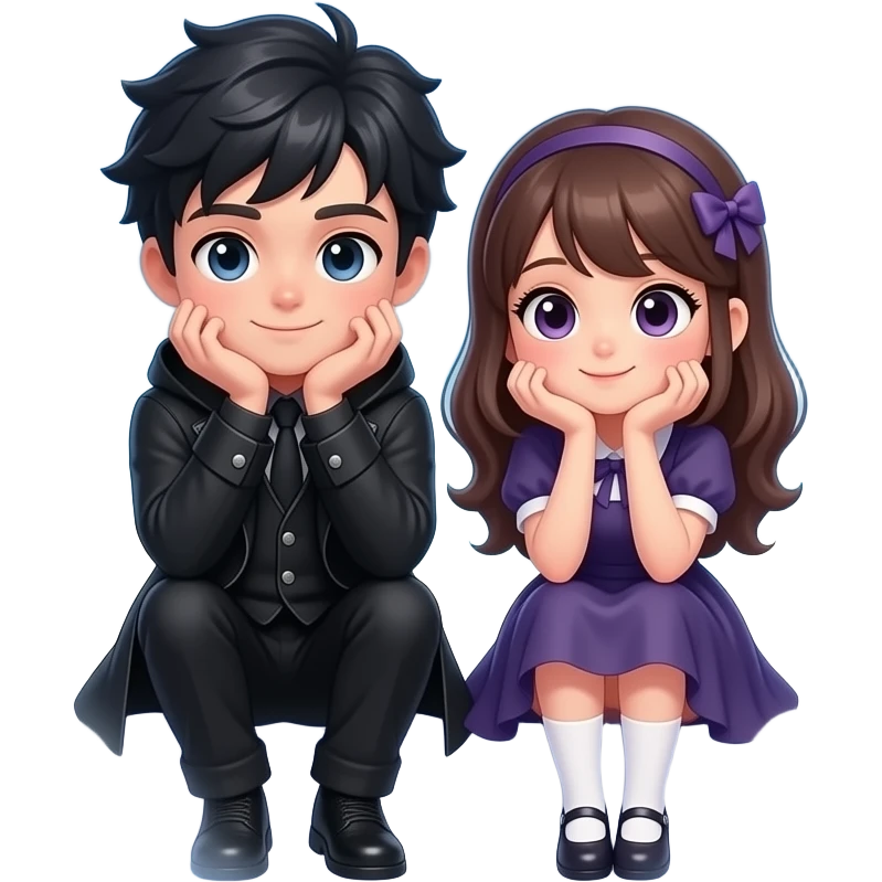 Cute gothic guy and girl sitting next to eachother both eiththere arms on their knees and their chins resting in their hands. With a dreamy bubble in the middle of them filled with magickal clouds emoji