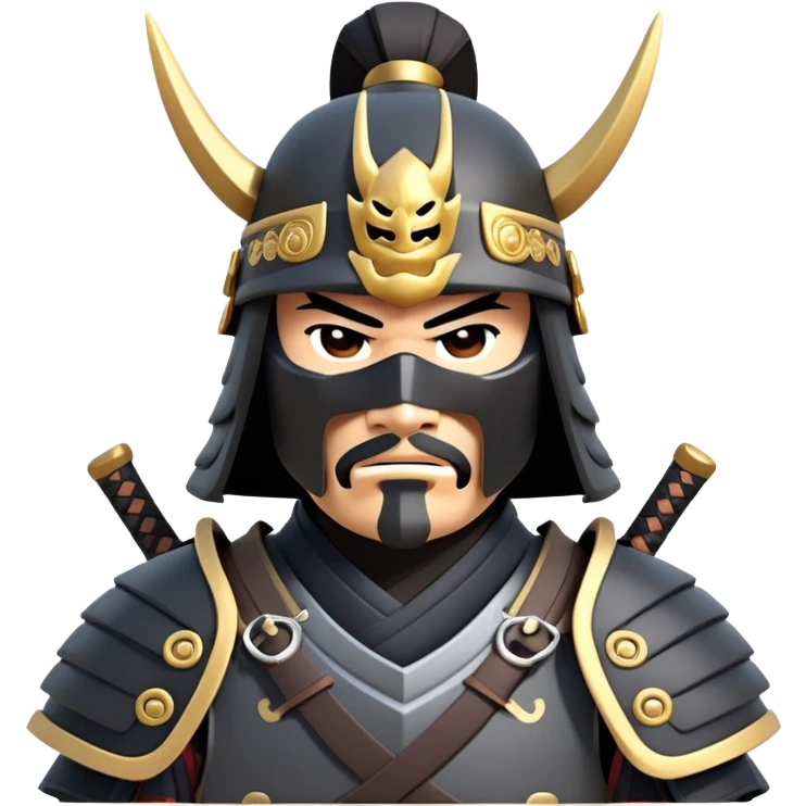clash-of-clans-aesthetic_-cinematic-fearsome-and-majestic-samurai-bust-portrait-emoji, rendered in a flat, vector-style with minimal shading and bold, simplified shapes typical of emoji art, depicting a battle-hardened samurai with black mask and traditional black Japanese armor. The samurai is riding a noble grey warhorse adorned with an intricately designed saddle and fluttering banners and a rising sun. a samurai on a   horse emoji