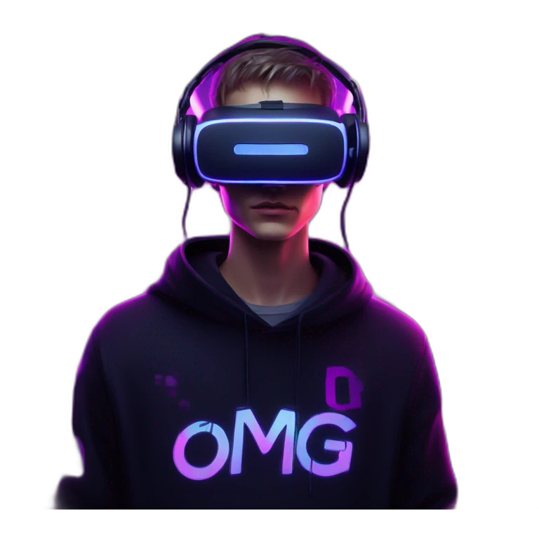 Russian young man wearing a black hoodie with "OMG" letters on it and VR headset in a cyberpunk VR environment with violet neon lighting. emoji